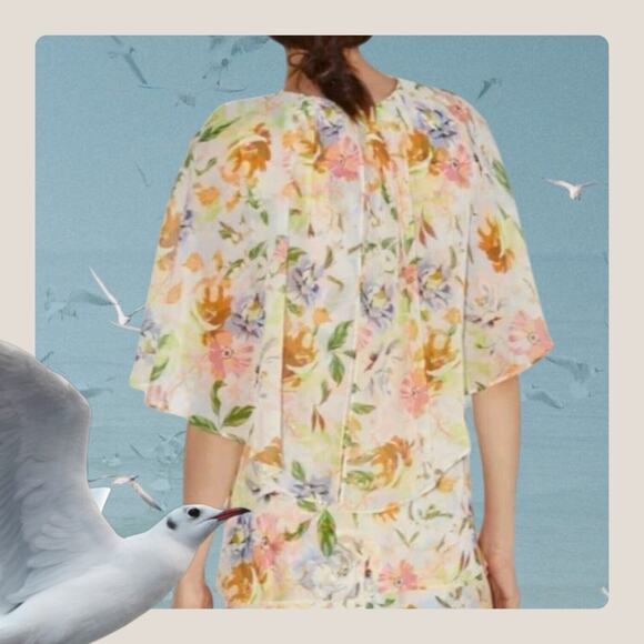 ZARA Floral Cape Blouse Top Womens Small Yellow Peach Short Sleeve Chiffon Sheer - Picture 5 of 13